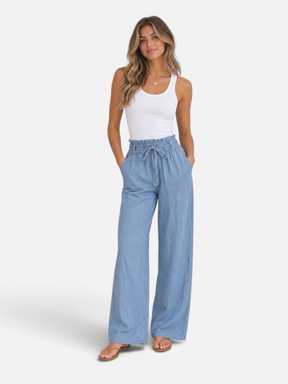 EUC Thread & Supply Blue Linen Blend Pants Small Drawstring Coastal Casual